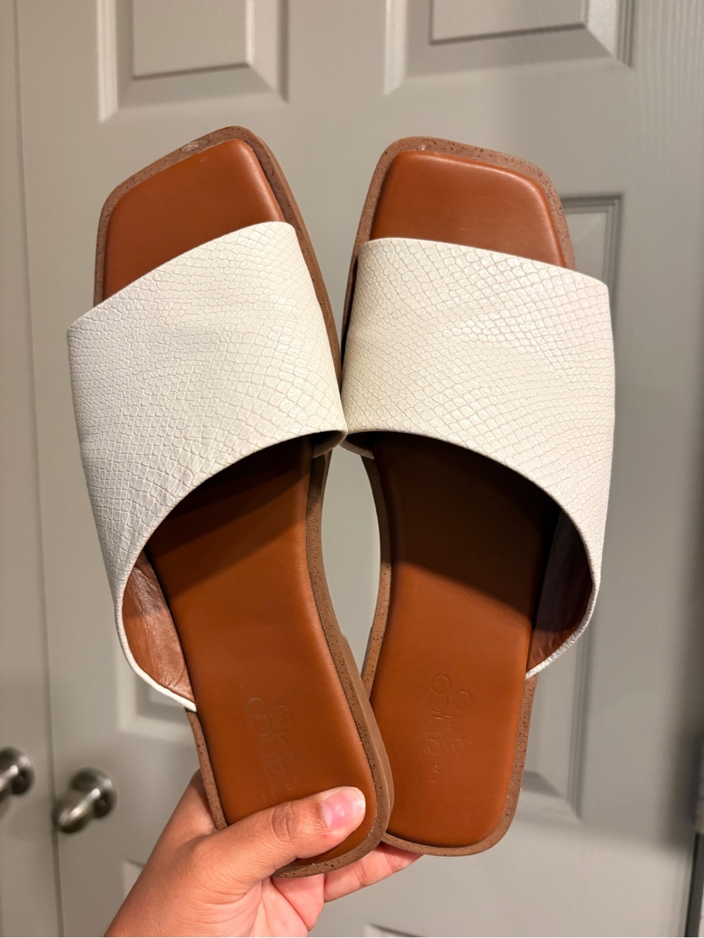 Franco Sarto White Slide Sandals with Brown Footbed